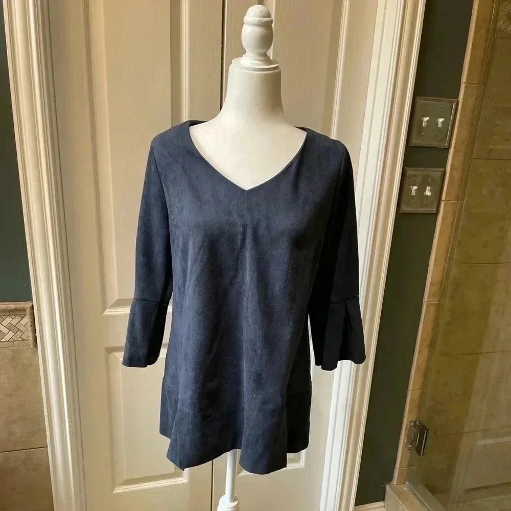 Soft Surroundings Blue Faux Suede Style Peplum Top Flare Bell Sleeve